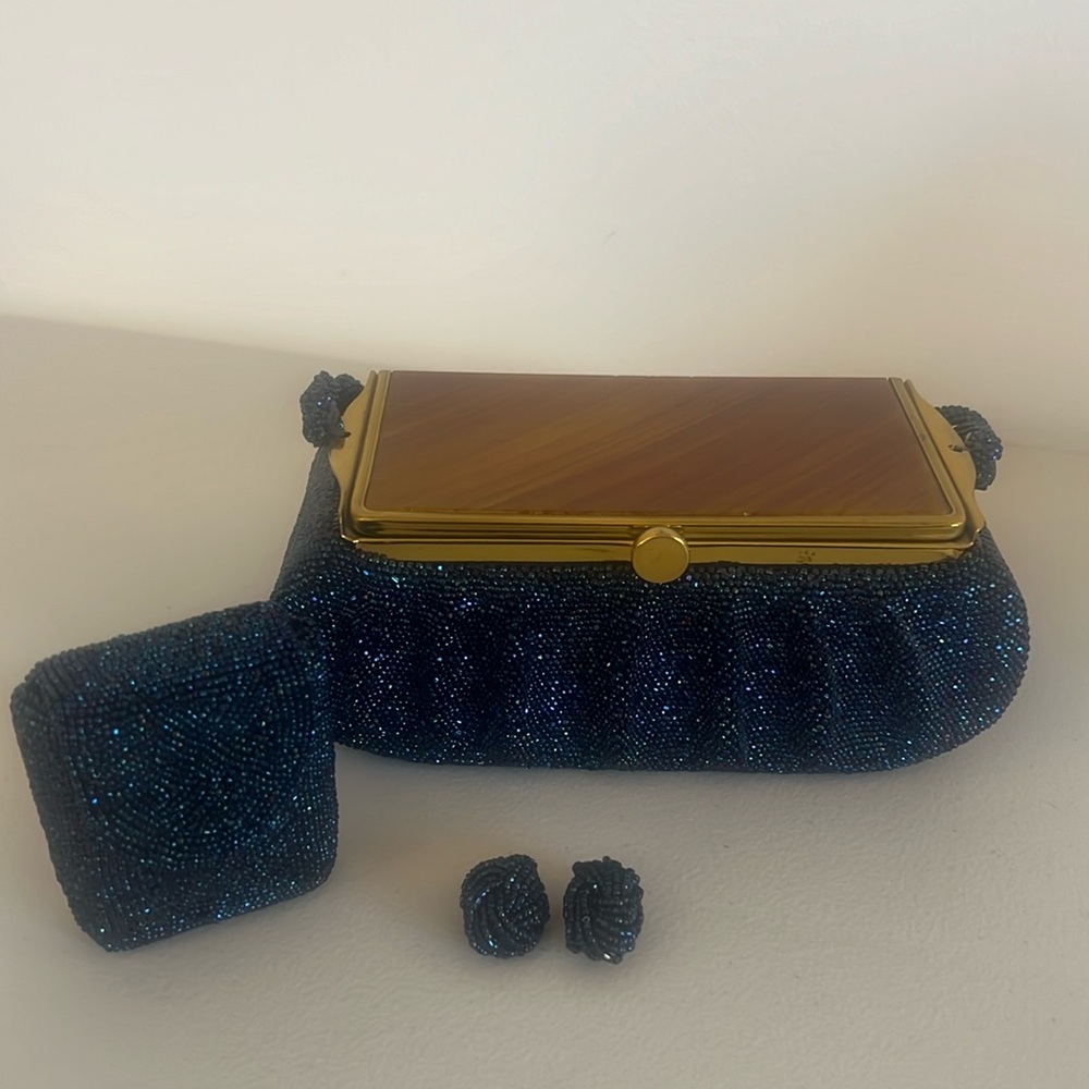 VTG ART DECO Iridescent Cobalt Beaded & Bakelite Purse, Pouch & Earrings Set